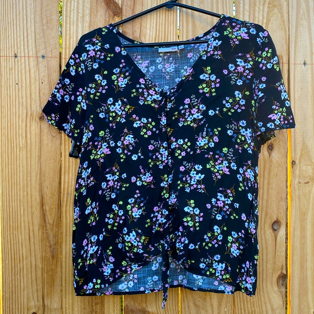 Floral front tie button down blouse